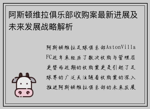 阿斯顿维拉俱乐部收购案最新进展及未来发展战略解析